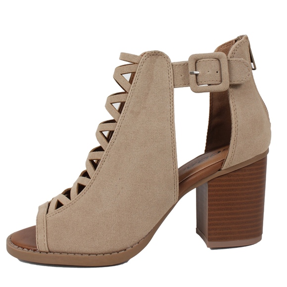 Taupe  Open Toe Cut Out Side Buckle Stacked - Picture 2 of 5